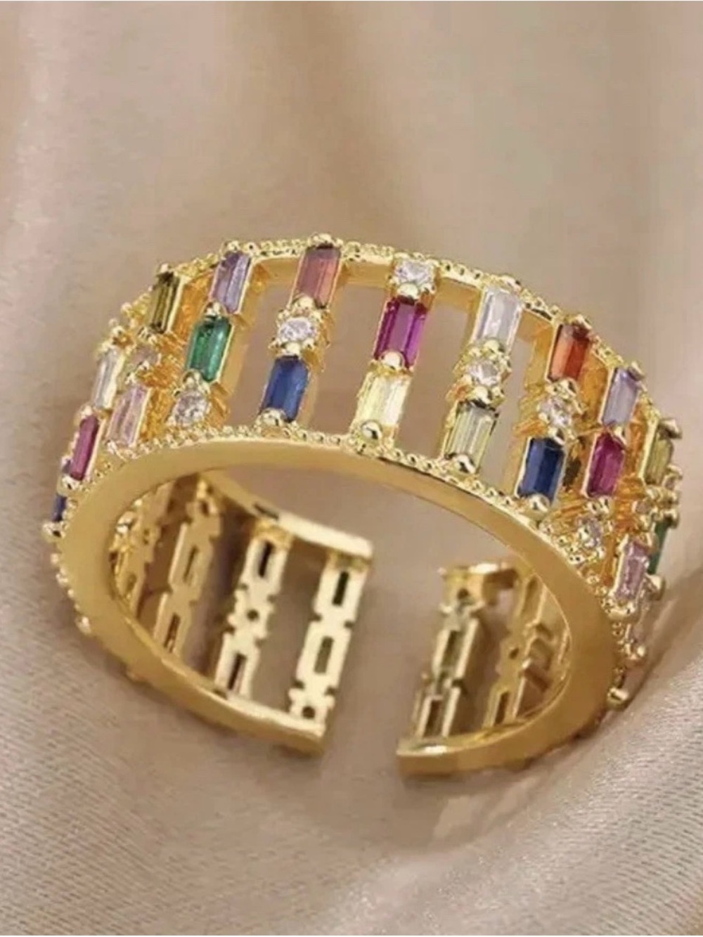 Gold Multi-Colored Baguette Gem Adjustable Ring